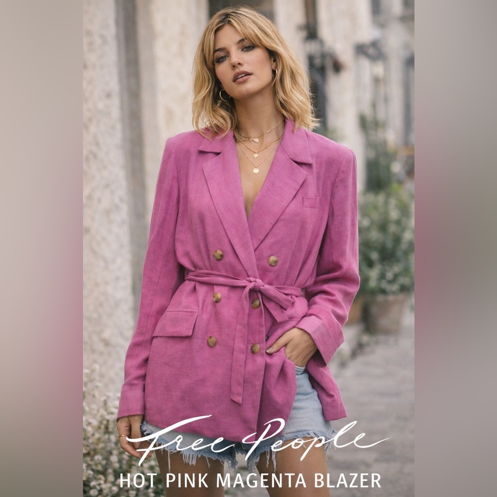 Free People Olivia Linen Blazer Hot Pink Magenta Double Breasted Belted Size L
